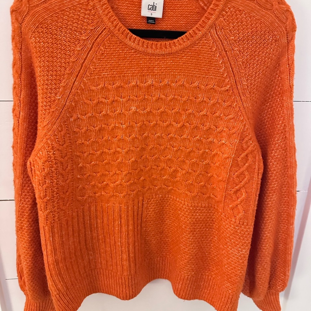 CABI #4038 Harvest cable knit hunter orange cotton woman balloon sleeve sweater - Picture 6 of 15